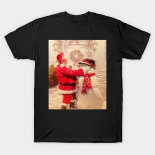 Christmas Design, Santa & Snowman Snowy Traditional Vintage Scene T-Shirt